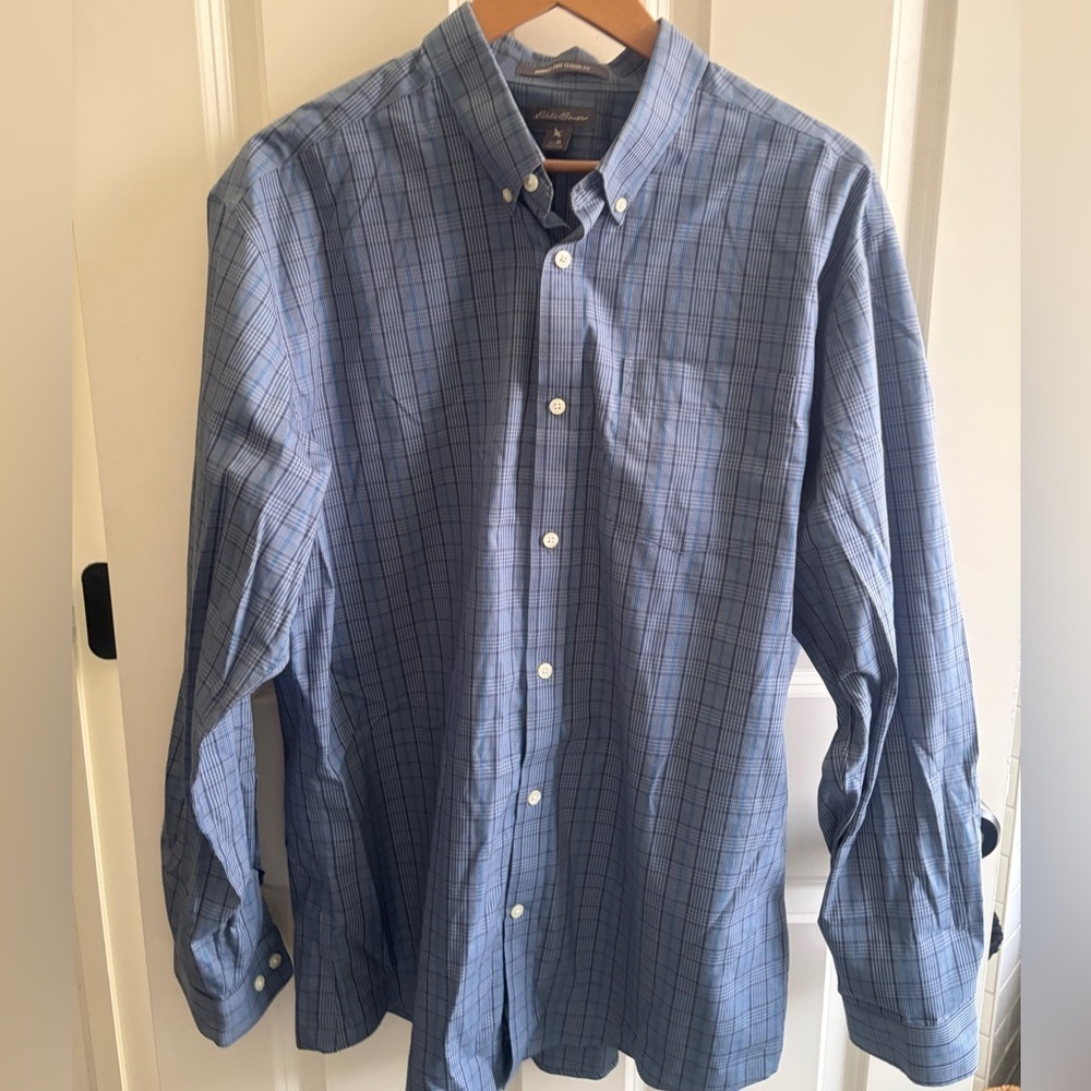 Excellent Condition Eddie Bauer Blue Plaid Button Down Shirt size XL. Classic